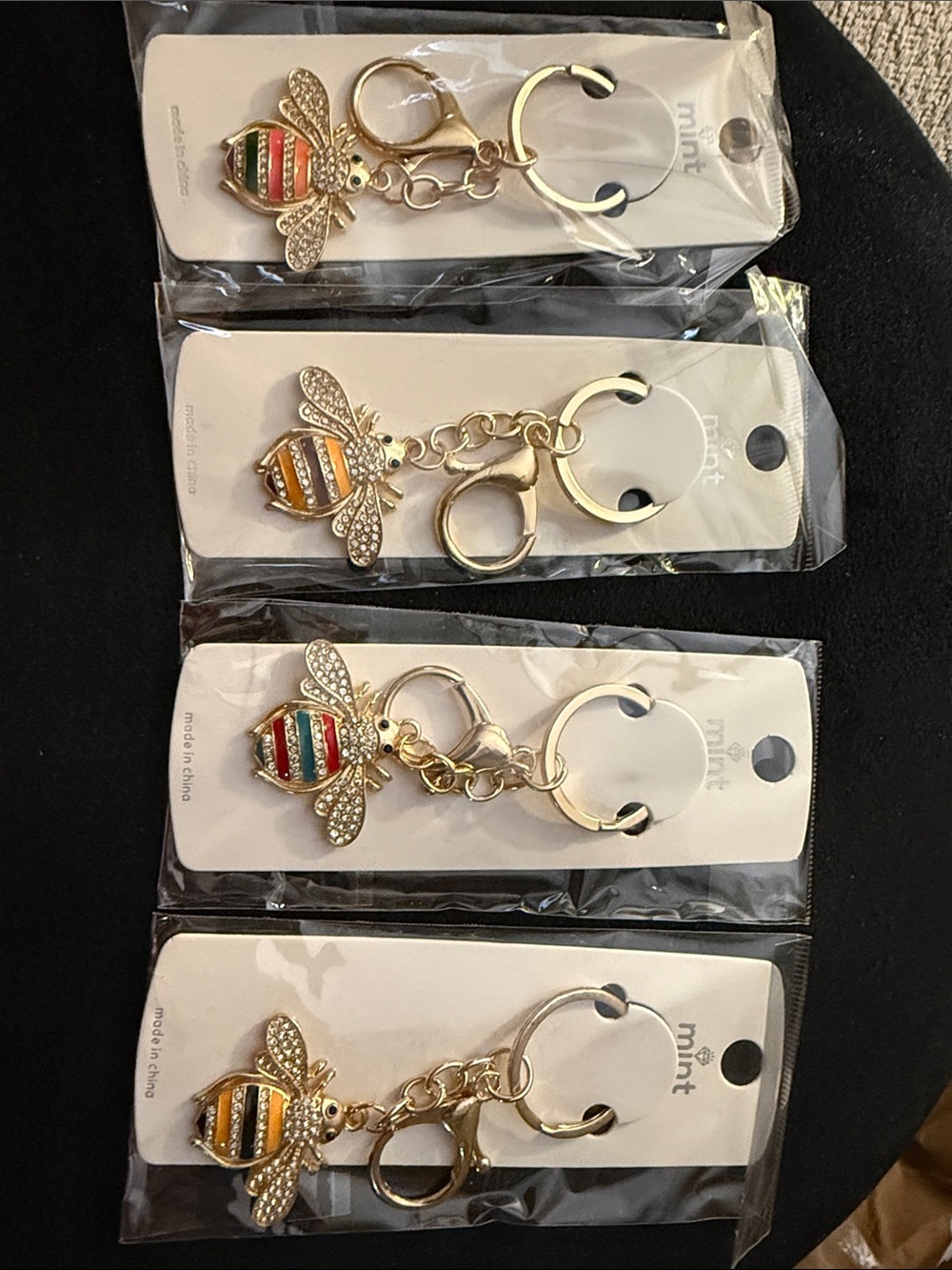 Gold Bee Keychain with Rhinestones - Set of 4